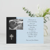 Blaue religiöse Foto-Karte Einladung (Stehend Vorderseite)