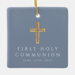 Blaue religiöse Kreuz-Erstkommunion-Foto  Keramikornament
