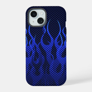 Blaue Rennflammen auf Kohlefaserdruck iPhone 15 Hülle