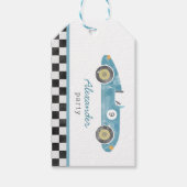 Blaue Rennwagen Geburtstag Geschenkanhänger (Vorderseite)