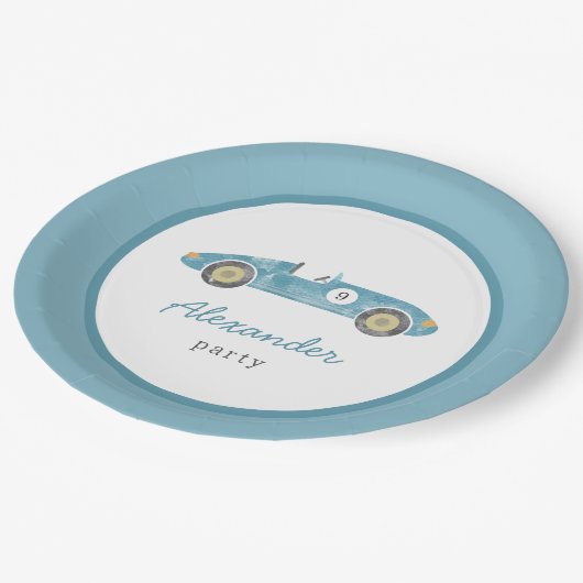 Blaue Rennwagen Geburtstag Pappteller (Schrägansicht)