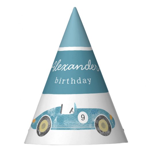 Blaue Rennwagen Geburtstag Partyhütchen (Vorderseite)