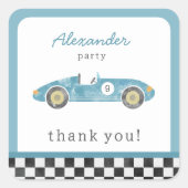 Blaue Rennwagen Geburtstag Quadratischer Aufkleber (Vorderseite)