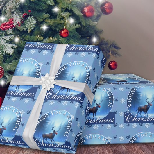 Blaue Rentier-Schneeflocken Weihnachten Geschenkpapier