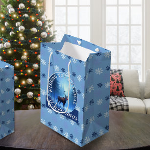 Blaue Rentier-Schneeflocken Weihnachten Mittlere Geschenktüte