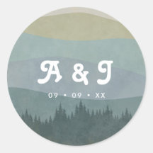 Blaue Retro-Berge und Wald Hochzeitsmonogramm