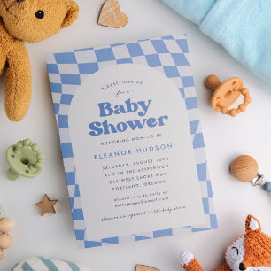 Blaue Retro-Groovy-70er-Schachbrett-Baby-Party Einladung