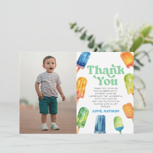 Blaue Retro Popsiv Custom Picture Birthday Party Dankeskarte (Stehend Vorderseite)