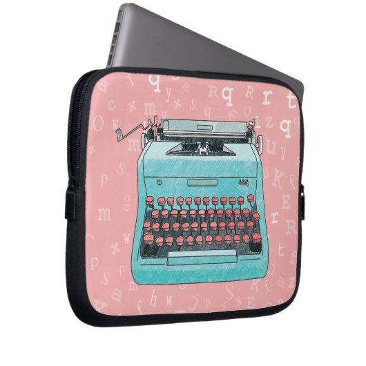 Blaue Retro Schreibmaschine auf Art Laptopschutzhülle (Vorne Rechts)