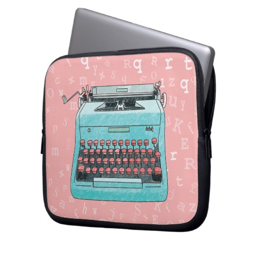 Blaue Retro Schreibmaschine auf Art Laptopschutzhülle (Vorderseite Links)