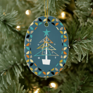 Blaue Retro-Weihnachtsbaum-Mid-Century-Retrospekti Keramik Ornament