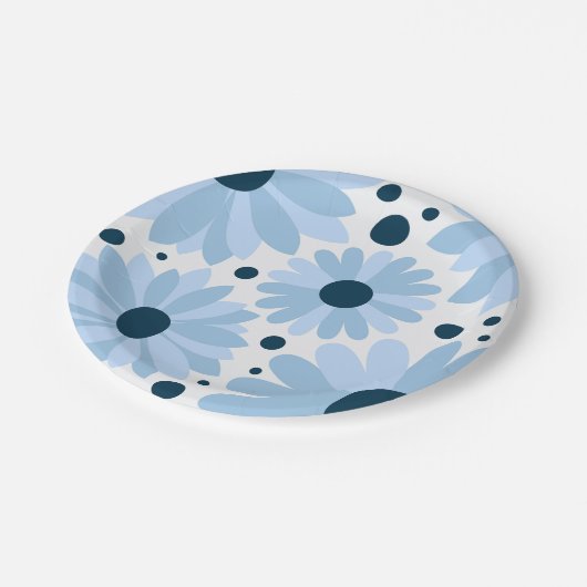 Blaue Retrofarben und dunkelblaue Punkte Pappteller (Schrägansicht)