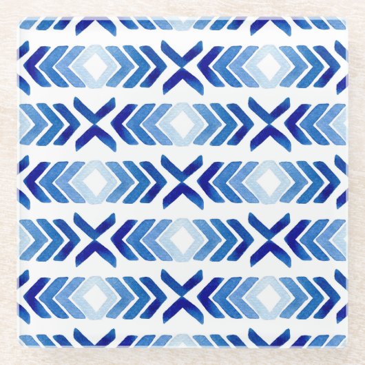 Blaue Rhombus-Pfeile Wasserfarbmuster Glasuntersetzer (Vorderseite)