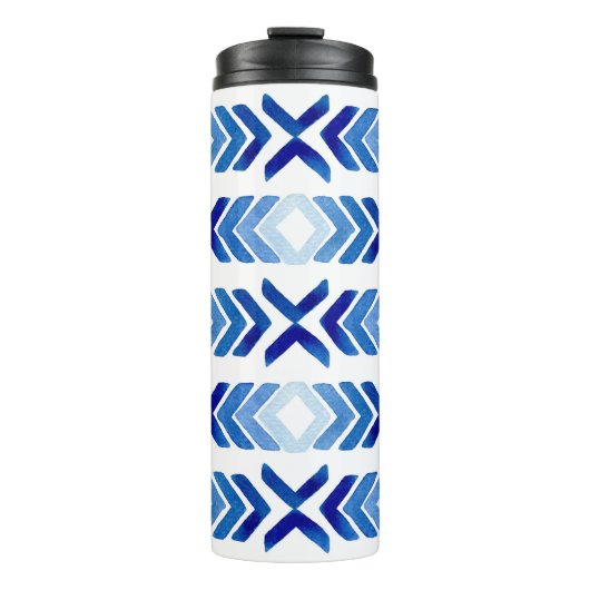 Blaue Rhombus-Pfeile Wasserfarbmuster Thermosbecher (Vorderseite)