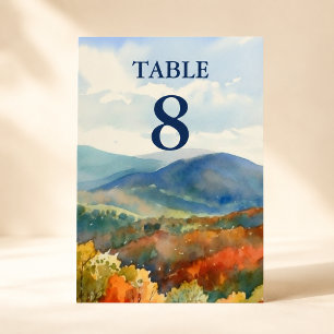 Blaue Ridge-Gebirgswasserfarben-Hochzeit im Herbst Tischnummer