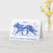 Blaue Rinder Hund Belated Birthday Karte (Gelbe Blume)
