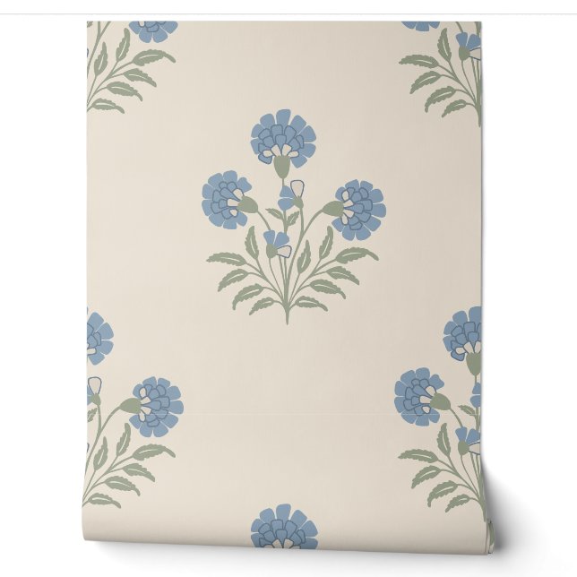Blaue Ringelblumen-Blumenmuster mit warmer cremefa Tapete (Abrollen)