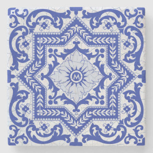 Blaue rissige Keramik im Azulejo-Stil Vintage Steinuntersetzer