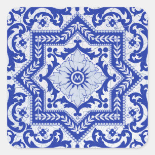 Blaue rissige Keramik im Azulejo-Vintage-Stil Quadratischer Aufkleber