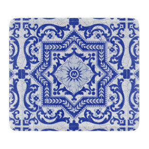 Blaue rissige Keramik im Azulejo-Vintage-Stil Schneidebrett