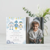 Blaue Roboter Einladung zum Geburtstag mit Foto (Stehend Vorderseite)