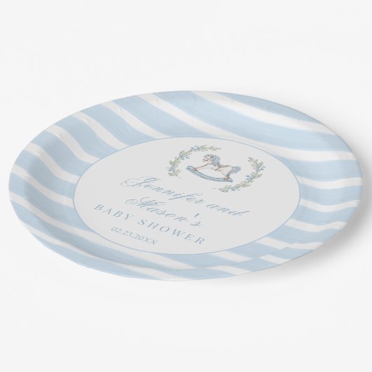 Blaue Rockpferde Böhmische Babydusche Pappteller (Schrägansicht)