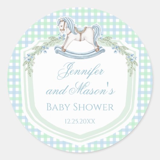 Blaue Rockpferde Gingham Babydusche Runder Aufkleber (Vorderseite)