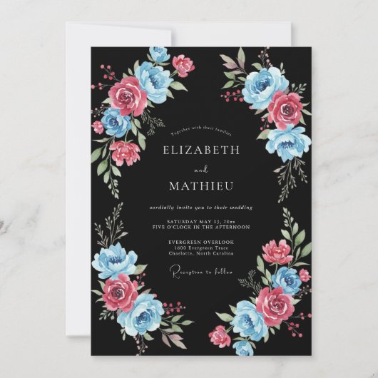 Blaue rosa Blumen Hochzeit Romantisch Einladung (Vorderseite)