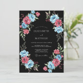 Blaue rosa Blumen Hochzeit Romantisch Einladung (Stehend Vorderseite)
