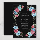 Blaue rosa Blumen Hochzeit Romantisch Einladung (Vorne/Hinten)