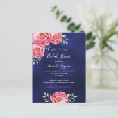 Blaue Rosa Blumenfloralen Bridal Dusche Einladung Postkarte (Stehend Vorderseite)