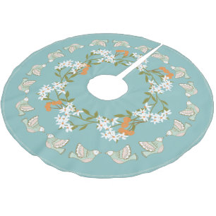 Blaue rosa Blumenvögel festlich Polyester Weihnachtsbaumdecke