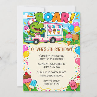 Blaue rosa Dinosaurier-Eiscreme-Wagen-Geburtstag Einladung