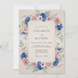 Blaue Rosa Florale Hochzeitsbogen Einladung