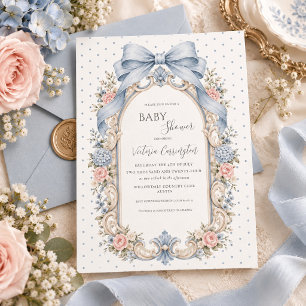 Blaue rosa florale Vintage-Baby-Party Einladung