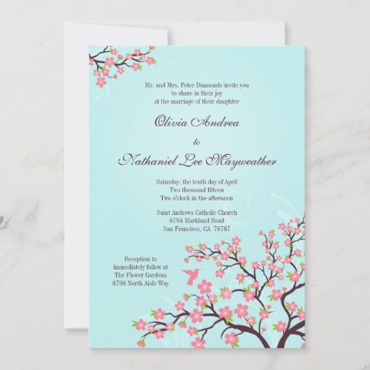 Blaue rosa Kirschblüten, die Einladung wedding (Vorderseite)