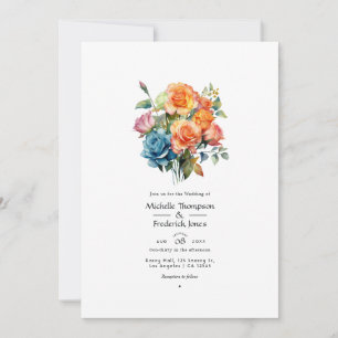 Blaue, rosa, orange und grüne Blumenhochzeit Einladung