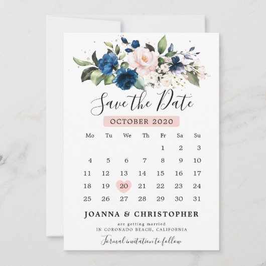 Blaue Rosa Rose Blumenkalender Save The Date (Vorderseite)