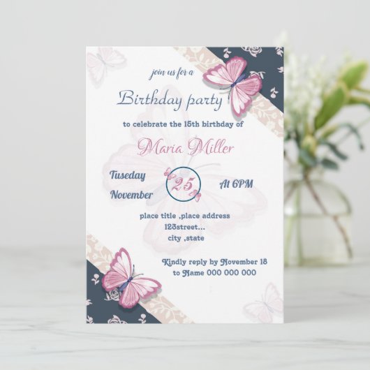 Blaue Rosa Schmetterlinge Geburtstagsparty (Stehend Vorderseite)