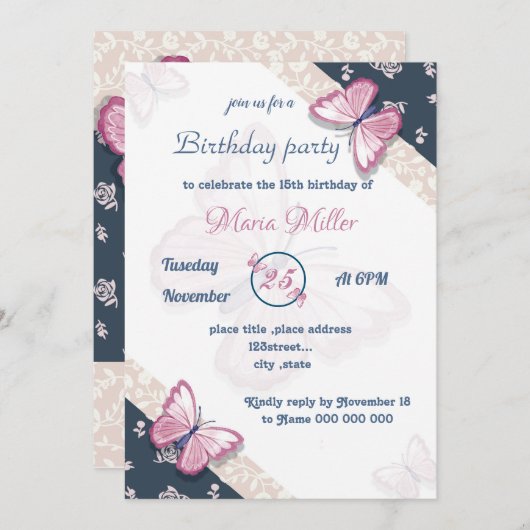 Blaue Rosa Schmetterlinge Geburtstagsparty (Vorne/Hinten)