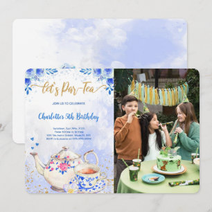 Blaue & Rosa Teeparty-Geburtstags-Fotoeinladung Einladung