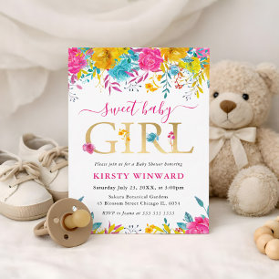 Blaue, rosa und gelbe Sommerblumen-Baby-Party Einladung