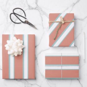 Blaue, rosa und weiße Streifen Geschenkpapier Set