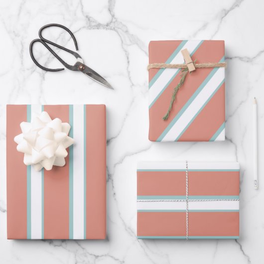 Blaue, rosa und weiße Streifen Geschenkpapier Set (Vorderseite)