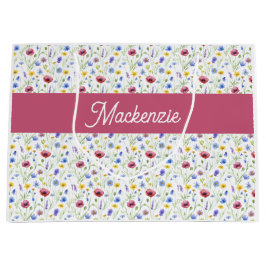 Blaue rosa Wildblumen Wasserfarbe Monogramm Name  Große Geschenktüte