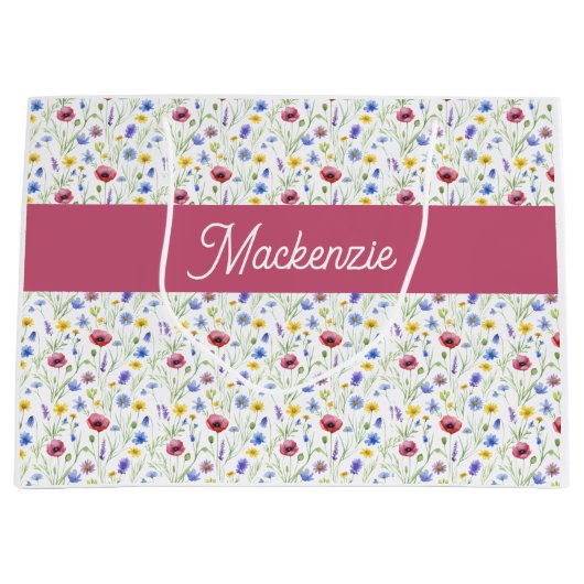 Blaue rosa Wildblumen Wasserfarbe Monogramm Name  Große Geschenktüte (Vorderseite)