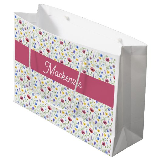 Blaue rosa Wildblumen Wasserfarbe Monogramm Name  Große Geschenktüte (Vorderseite Schrägansicht)