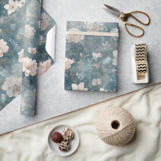 Blaue & rosafarbene Vintage-Blumen-Verpackungspapi Geschenkpapier (Kunsthandwerk)