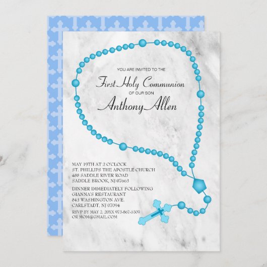 Blaue Rosarden Erste Heilige Kommune Einladung (Vorne/Hinten)