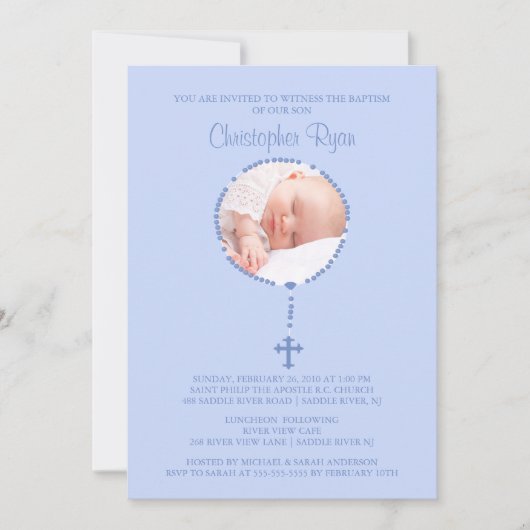 BLAUE Rosary Cross Foto Taufe BOY Einladung (Vorderseite)